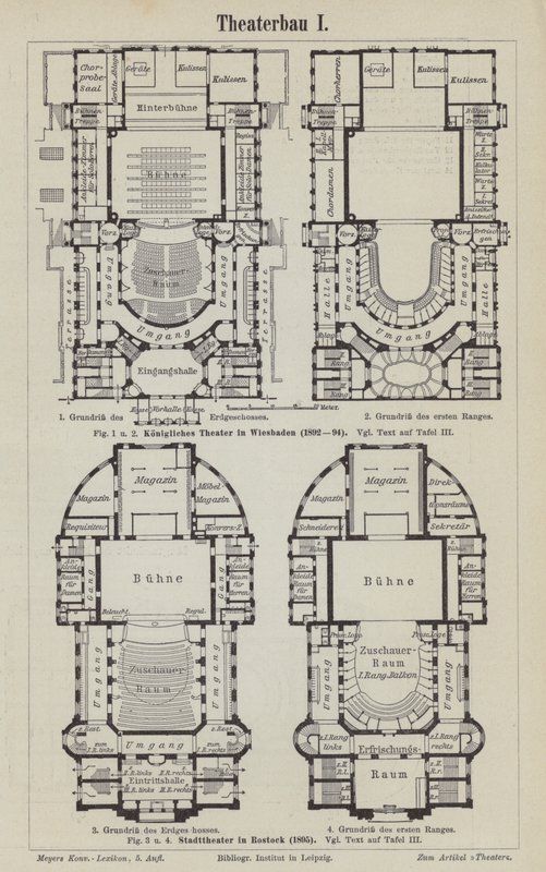Pläne des Königlichen Theaters Wiesbaden und des Stadttheaters Rostock, Deutschland (Gravur) von German School