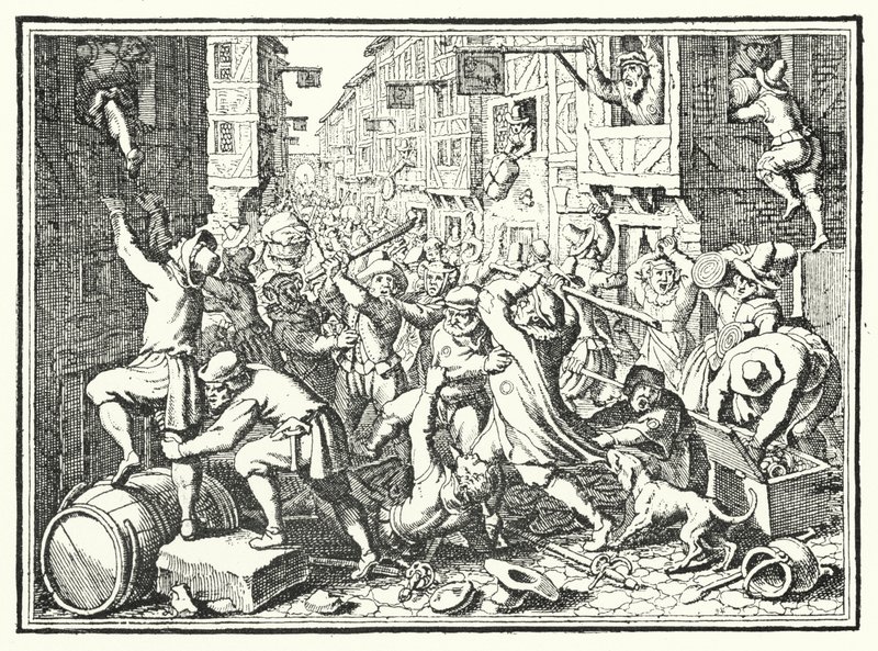 Plünderung der Judengasse, des jüdischen Ghettos von Frankfurt, im Fettmilch-Aufstand, 1614 von German School