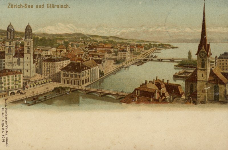 Postkarte mit einer Gesamtansicht der Stadt Zürich von German School