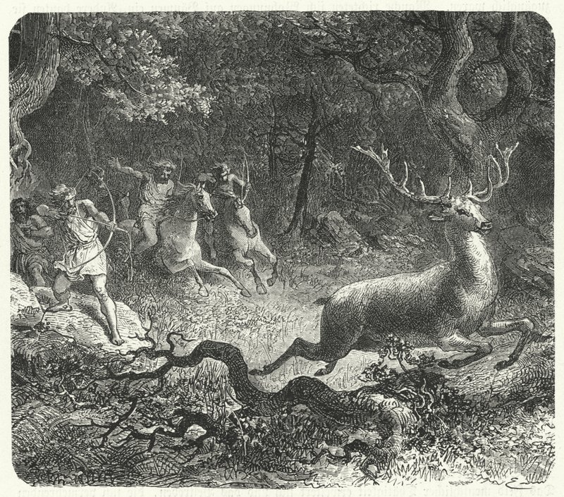 Prähistorische Menschen nutzen Pferde zur Jagd (Stich) von German School