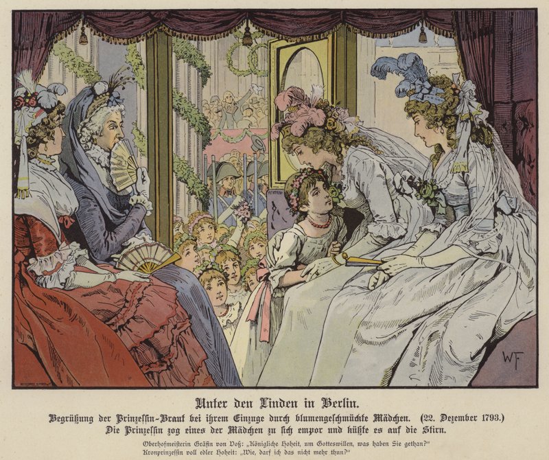 Prinzessin Louise von Mecklenburg-Strelitz küsst eines der Mädchen, die Unter den Linden säumen, um ihre Ankunft in Berlin zu ihrer Hochzeit mit Kronprinz Friedrich III. von Preußen zu begrüßen, 22. Dezember 1793 von German School
