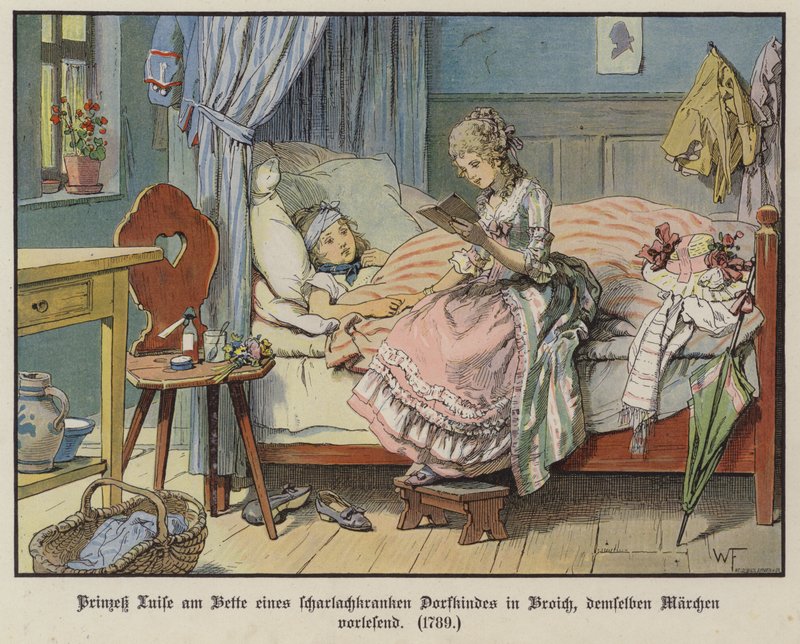 Prinzessin Louise von Mecklenburg-Strelitz liest am Bett eines kranken Dorfmädchens in Broich von German School