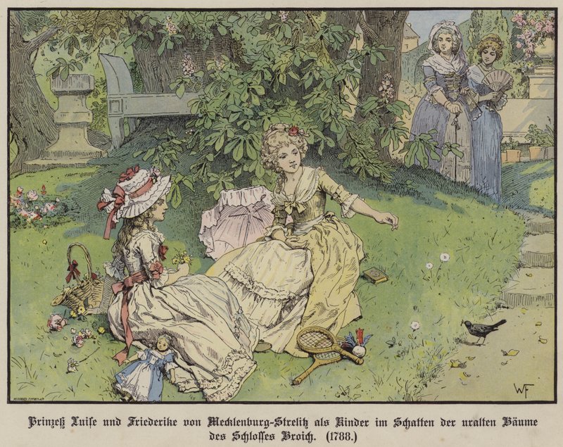 Prinzessinnen Louise und Frederike von Mecklenburg-Strelitz im Schatten unter den Bäumen von Schloss Broich als Kinder von German School