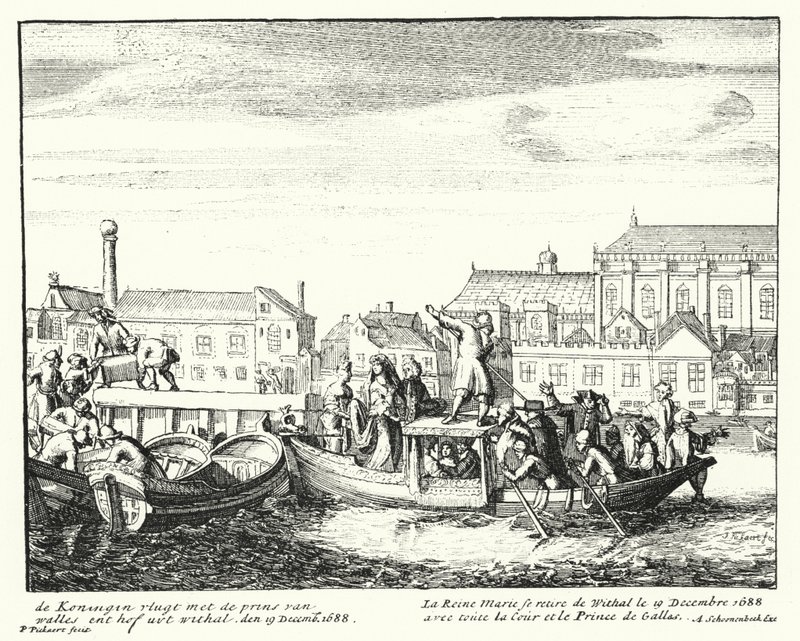 Königin Maria, Gemahlin von König Jakob II., flieht mit dem Prinzen von Wales und ihrem gesamten Hof aus England, Dezember 1688 (Gravur) von German School