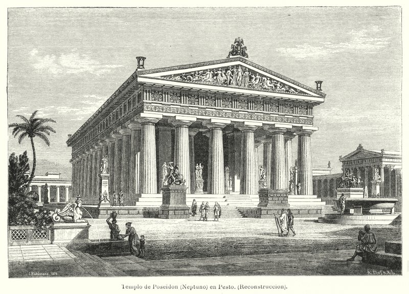 Rekonstruktion des antiken griechischen Tempels des Poseidon, Paestum, Italien von German School