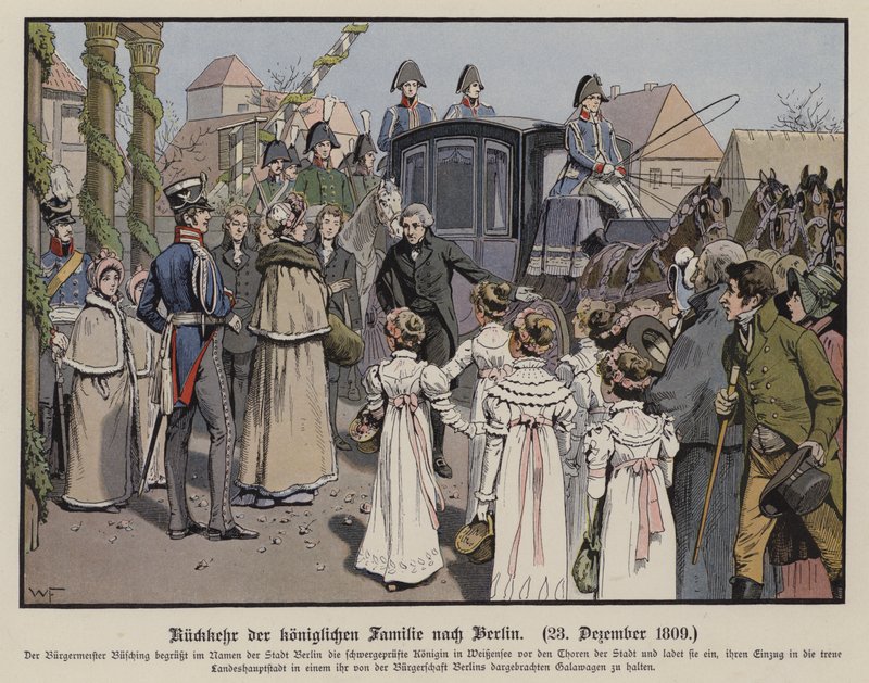 Rückkehr der preußischen Königsfamilie nach Berlin, 23. Dezember 1809 (Farblithografie) von German School