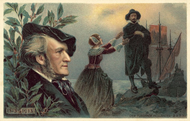 Richard Wagner und eine Szene aus seiner Oper Der Fliegende Holländer von German School