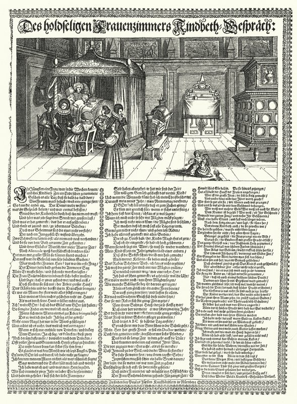 Satirisches Gedicht über das Klatschen von Frauen (Stich) von German School
