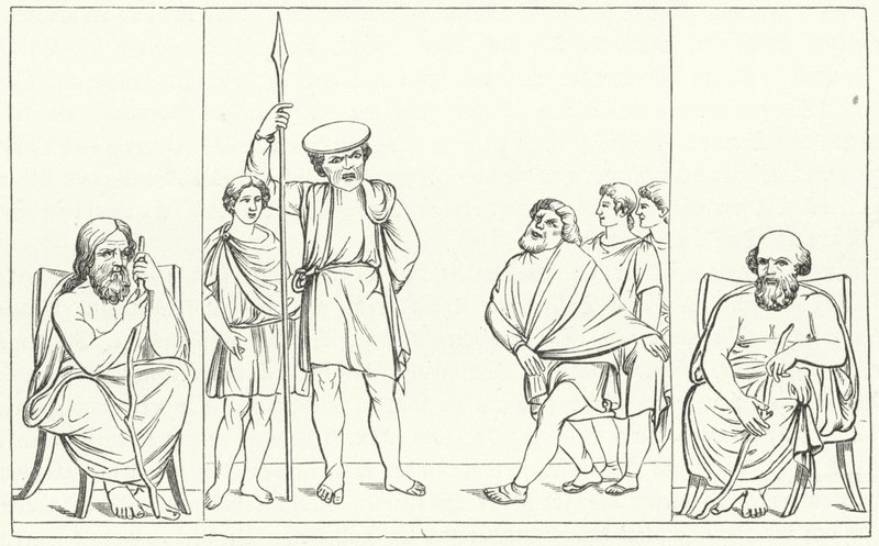 Szene aus einem Stück des römischen Dramatikers Plautus (Stich) von German School