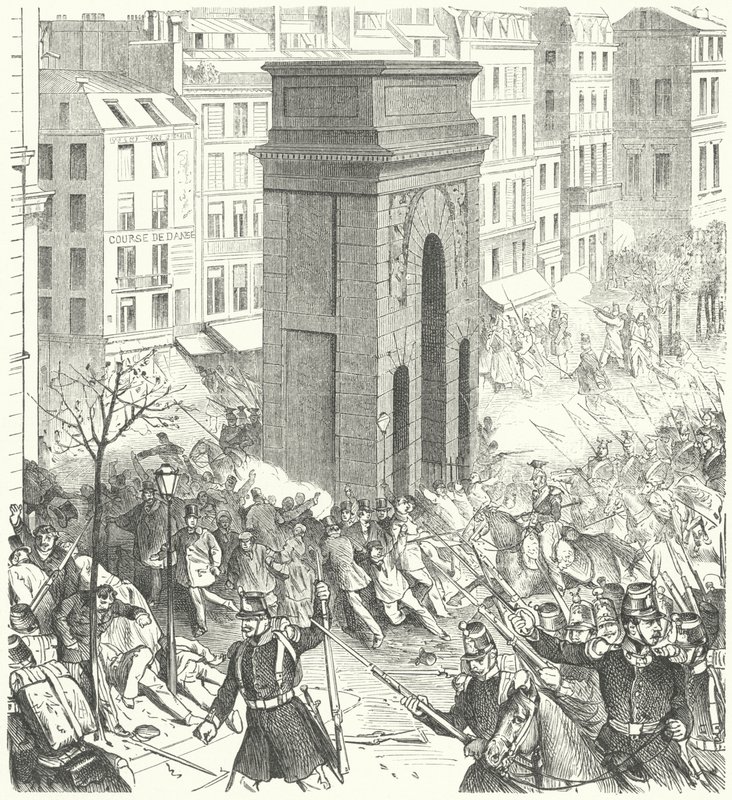 Soldaten auf den Straßen von Paris während des französischen Staatsstreichs im Dezember 1851 (Stich) von German School