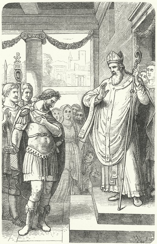 Der heilige Ambrosius verwehrt dem römischen Kaiser Theodosius I. den Eintritt in den Mailänder Dom als Strafe für das Massaker von Thessaloniki, 390 von German School