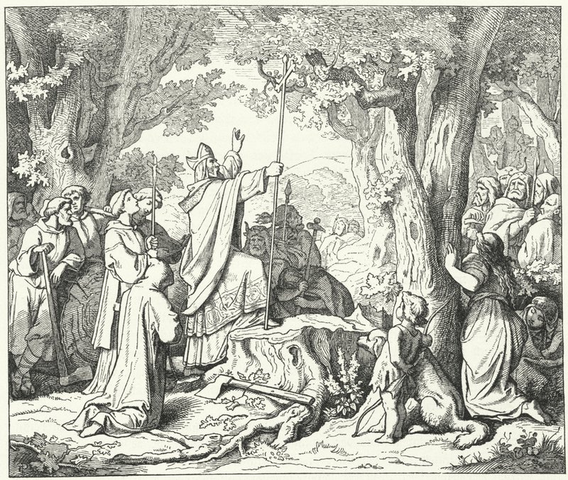 Der heilige Bonifatius fällt die Donareiche, die den heidnischen Deutschen heilig war (Gravur) von German School