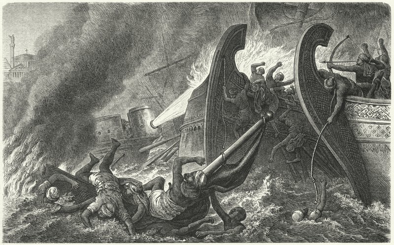 Die Byzantiner verwenden griechisches Feuer gegen eine angreifende arabische Flotte (Gravur) von German School