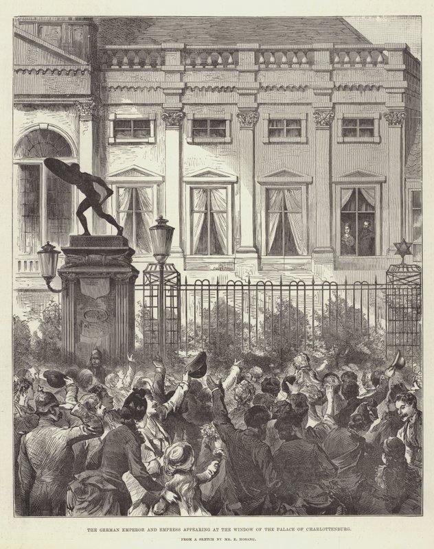 Der deutsche Kaiser und die Kaiserin erscheinen am Fenster des Schlosses Charlottenburg (Gravur) von German School