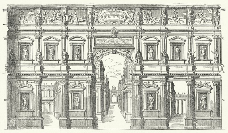 Das Teatro Olimpico ("Olympisches Theater") in Vicenza, Norditalien (Stich) von German School
