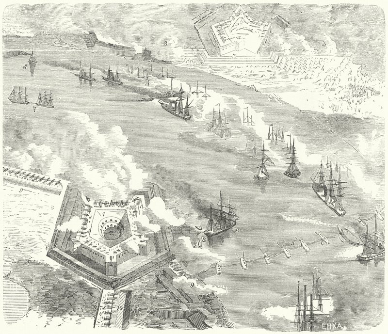 Die Union-Flotte greift Fort Jackson und Fort St. Philip, Louisiana, Amerikanischer Bürgerkrieg, 1862 an von German School