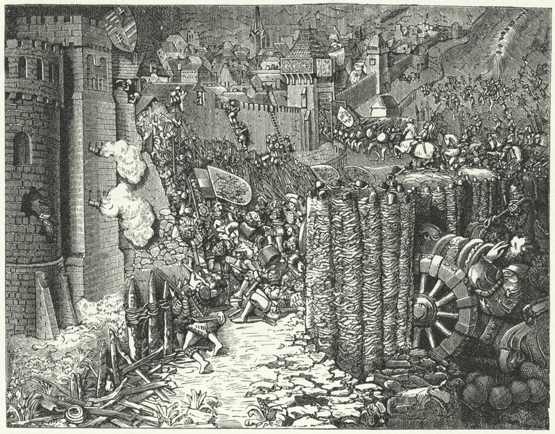Die Armee des Heiligen Römischen Kaisers Maximilian I. stürmt Szekesfehervar, die mittelalterliche Hauptstadt des Königreichs Ungarn von German School