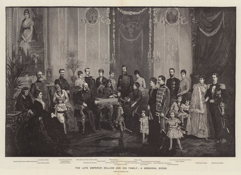 Der verstorbene Kaiser Wilhelm und seine Familie, eine Gedenkszene (Gravur) von German School