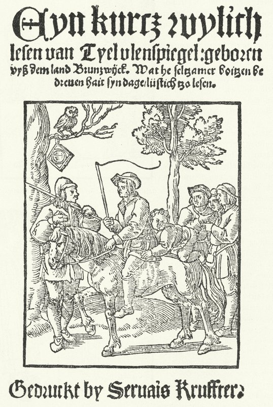 Die Titelseite der ältesten bekannten niederdeutschen Ausgabe von Till Eulenspiegel, gedruckt von Servais Kruffter (Gravur) von German School
