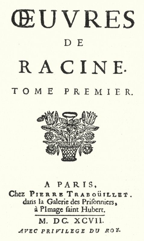 Titelseite einer Ausgabe des ersten Bandes der gesammelten Werke von Jean Racine, veröffentlicht 1697 (Stich) von German School