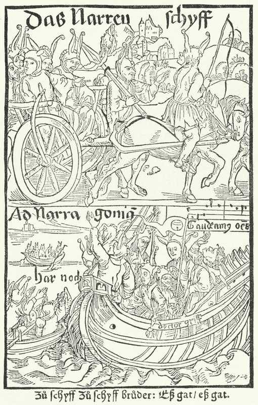 Titelseite der ersten Ausgabe von Sebastian Brants Narrenschiff, gedruckt von Johann Bergmann von Olpe in Basel im Jahr 1491 (Stich) von German School