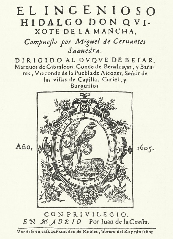Titelseite der ersten Ausgabe des Romans Don Quijote von Miguel de Cervantes (Stich) von German School