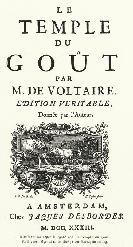 Titelseite der Erstausgabe von Le Temple du Gout des französischen Schriftstellers und Philosophen Voltaire von German School