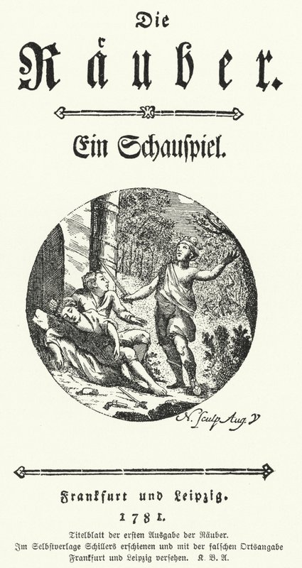 Titelseite der Erstausgabe von Friedrich Schillers Stück Die Räuber von German School