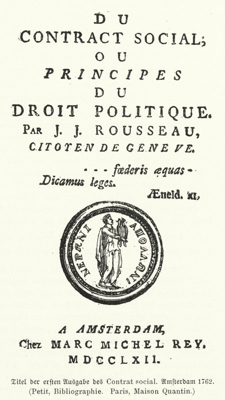 Titelseite der Erstausgabe von Der Gesellschaftsvertrag, von Jean-Jacques Rousseau von German School