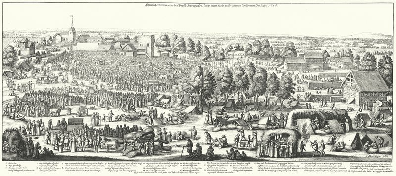 Reisende besuchen die Heilquellen im Dorf Hornhausen, 1646 (Gravur) von German School