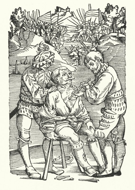 Behandlung eines verwundeten Soldaten auf dem Schlachtfeld (Gravur) von German School