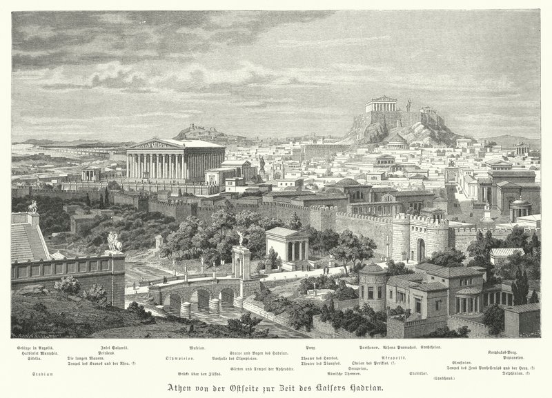 Blick auf Athen von Osten während der Herrschaft des römischen Kaisers Hadrian, 2. Jahrhundert von German School