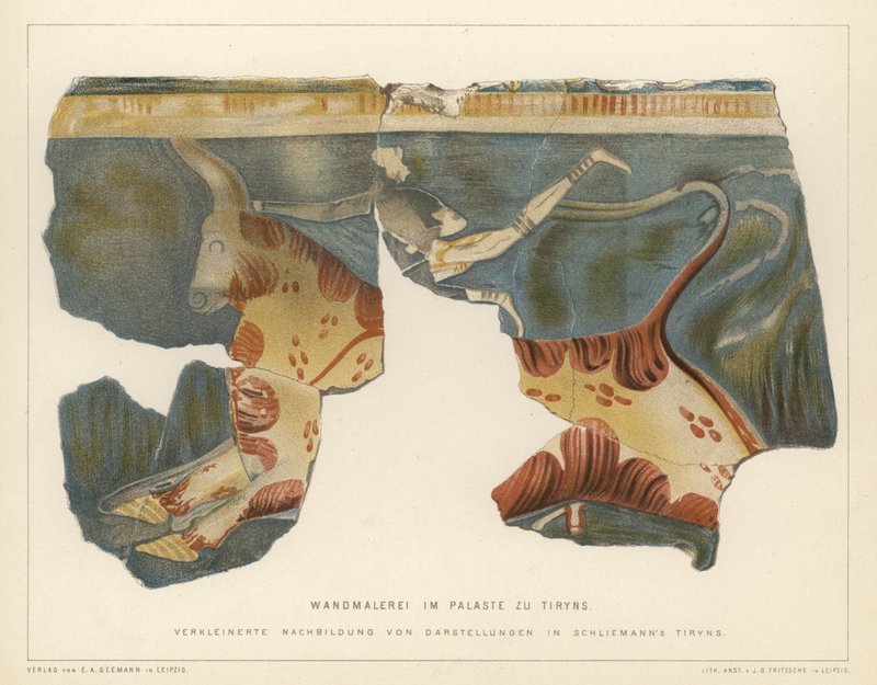 Wandmalerei aus dem mykenischen Palast in Tiryns, Griechenland, ausgegraben vom deutschen Archäologen Heinrich Schliemann (Farblithografie) von German School