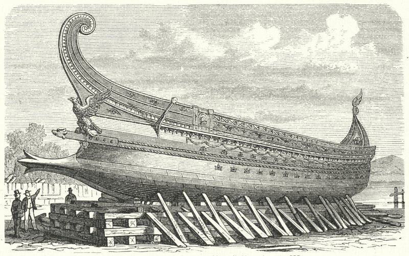 Kriegsschiff entworfen von Napoleon III. von Frankreich basierend auf einer antiken römischen Triere (Gravur) von German School