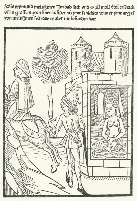 Holzschnitt, der eine Szene aus der Legende von Melusine darstellt von German School
