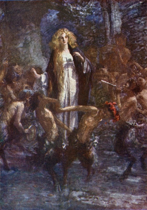 "Die Satyrn tanzten freudig um sie herum" (Farblithografie) von Gertrude E. Demain (after) Hammond