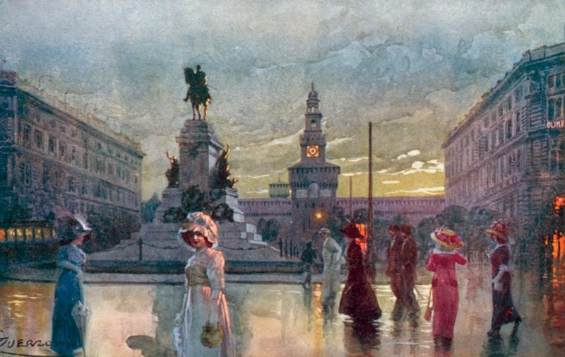 Mailand: Largo Cairoli und Garibaldi-Denkmal (Farblithografie) von Giovanni Guerzoni