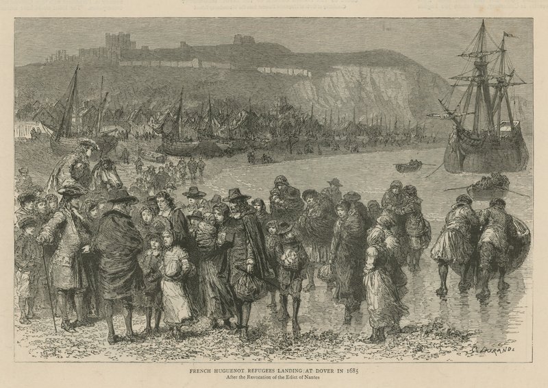 Die Hugenotten in England: Französische Hugenottenflüchtlinge landen 1685 in Dover (Gravur) von Godefroy Durand