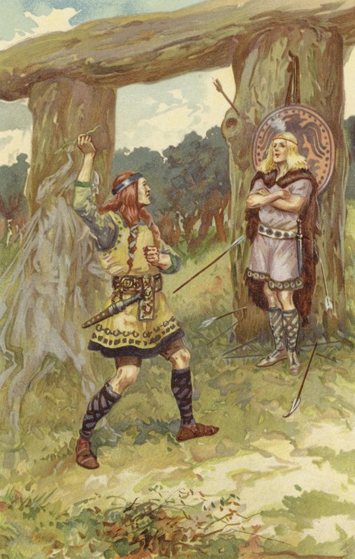 Hodur nahm die Mistel von Loki, und Loki führte seinen Arm, und er schleuderte sie auf Baldur, und mit einem scharfen Schrei fiel Baldur tot um (Chromolitho) von Gordon Frederick Browne
