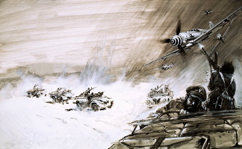 Ein Konvoi von fünf schweren Lastwagen, die das ägyptische Sandmeer überqueren, wird von einem feindlichen Flugzeug angegriffen von Graham Coton