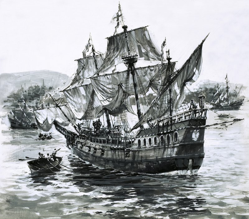Drakes Schiff, die Golden Hind, kehrt mit immensen Reichtümern nach Portsmouth zurück von Graham Coton