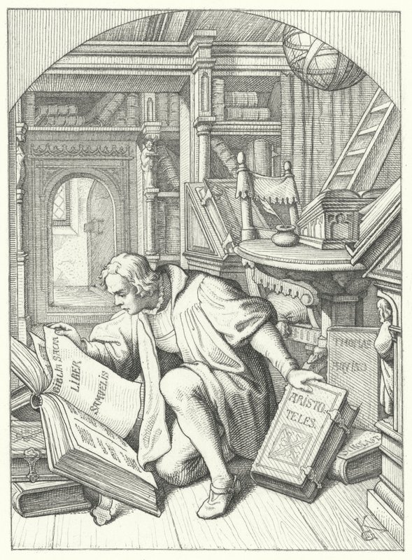 Martin Luther entdeckt eine lateinische Bibel in der Bibliothek der Universität Erfurt (Gravur) von Gustav Ferdinand Leopold Konig