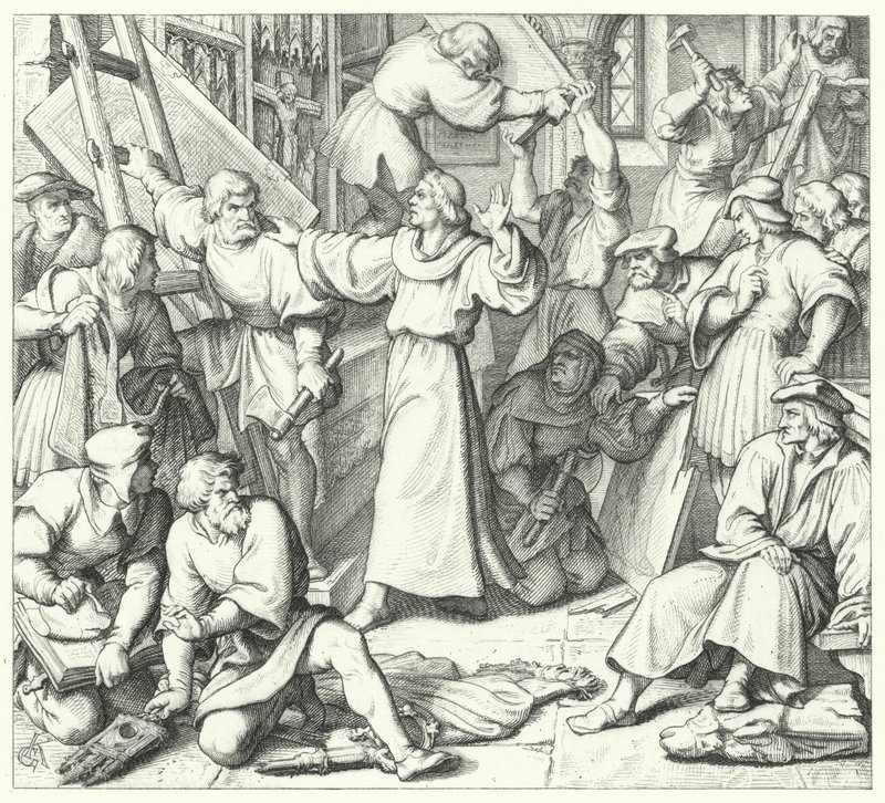 Martin Luther hält die Bilderstürmer in Wittenberg zurück (Stich) von Gustav Ferdinand Leopold Konig