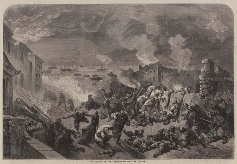 Zerstörung der europäischen Fabriken in Kanton von Gustave Dore