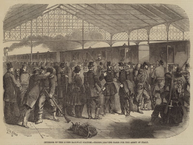 Innenansicht des Bahnhofs Lyon, Truppen verlassen Paris für die Armee Italiens von Gustave Janet