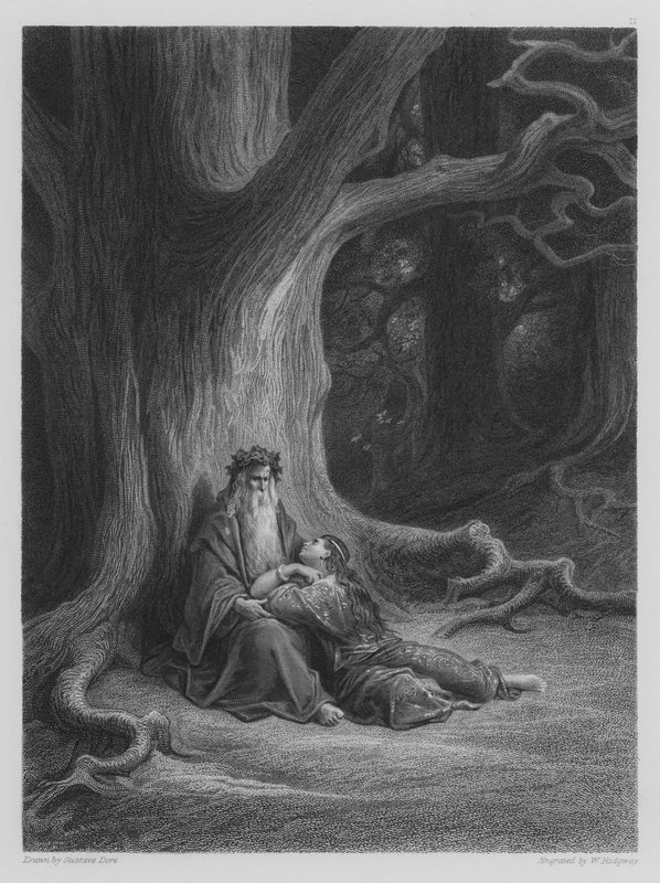 Vivien und Merlin ruhen sich aus von Gustave after Dore