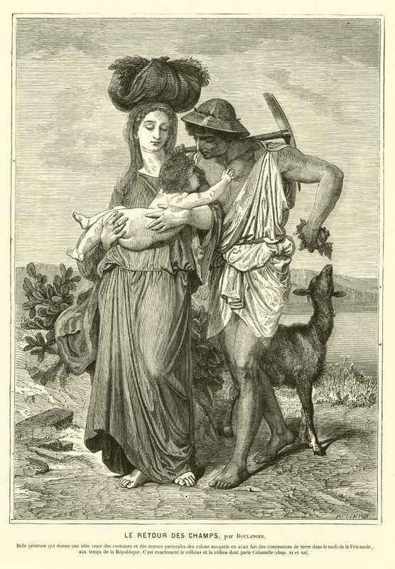 Antike römische Bauern kehren nach einem Tag auf den Feldern nach Hause zurück (Stich) von Gustave Clarence Rodolphe Boulanger