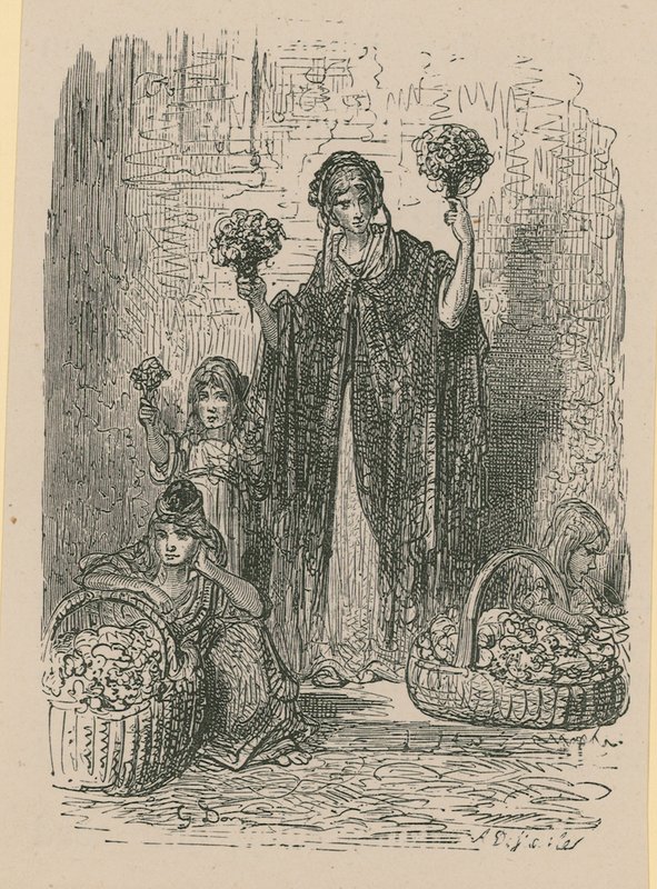 Eine Gruppe junger Frauen, die Blumen aus Körben verkaufen von Gustave Dore