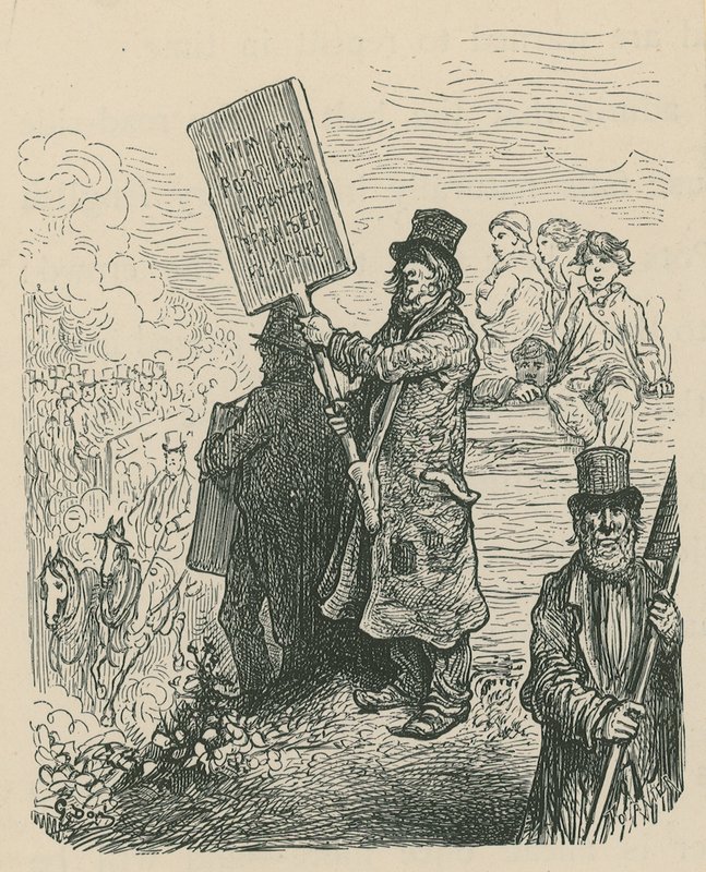 Ein Mann hält ein Plakat bei einem Protest von Gustave Dore
