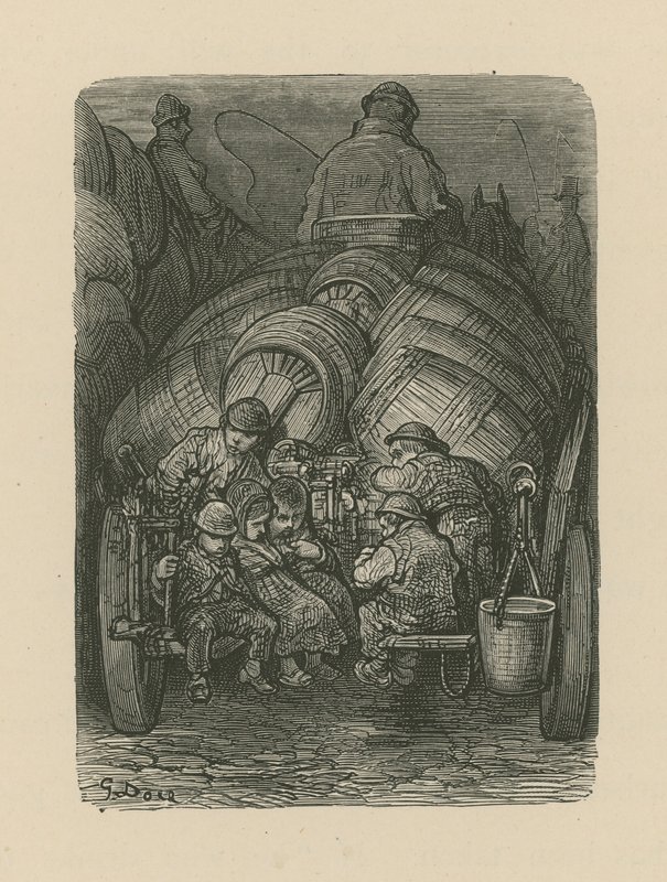 Kinder sitzen auf dem Rücken eines Brauereiwagens von Gustave Dore